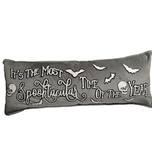 Halloween Spooktacular Pillow Gray Lumbar Skeleton Bats Embroidered‎ 14"x36"